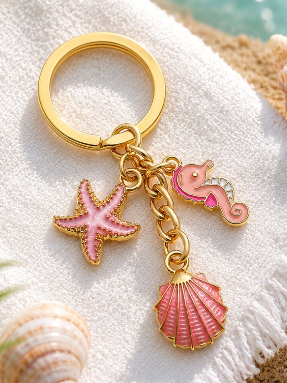 Pink Gold Seahorse Starfish Seashell Keychain Bag Charm Coastal Beach NEW